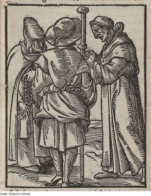 Der heilige Carolus erläutert zwei Männern den Gebrauch der Radschnur